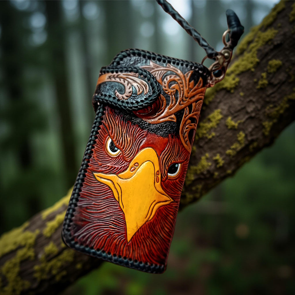 Leather pouch with peacock design hanging on a tree branch