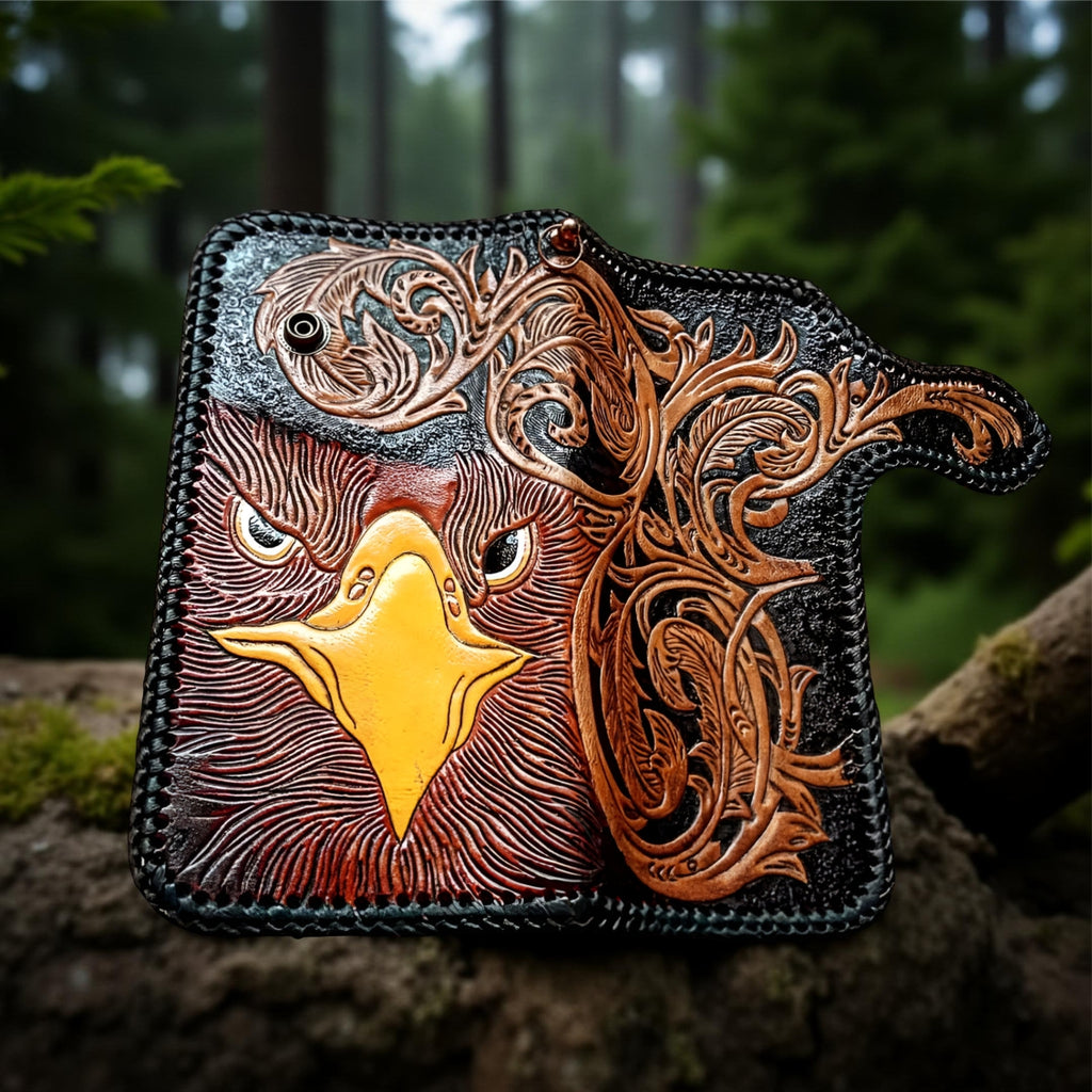 Leather wallet with an eagle design on a natural background
