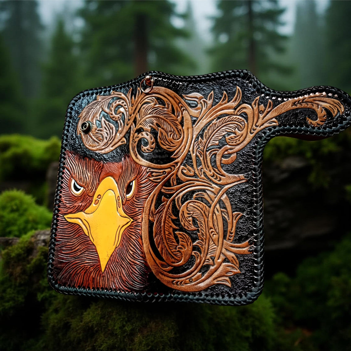 Handcrafted leather wallet with an eagle design on a forest background