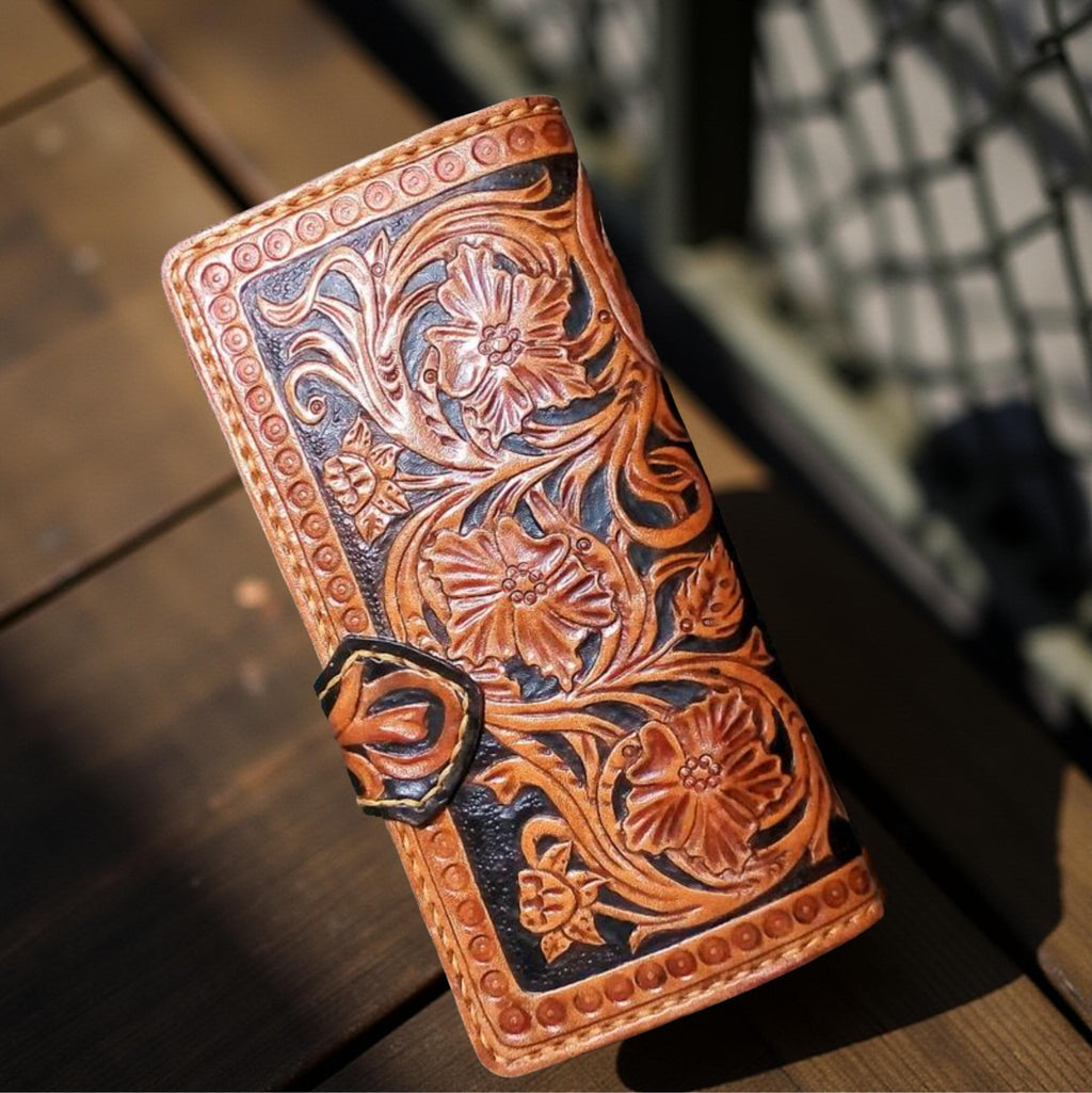 Back handcrafted leather wallet with bold wild deer carving, genuine cowhide, long mens wallet, front pocket and biker style
