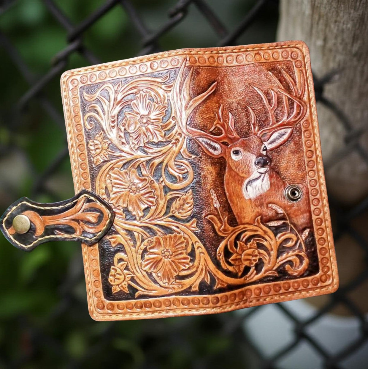 Middle handcrafted leather wallet with bold wild deer carving, genuine cowhide, long mens wallet, front pocket and biker style