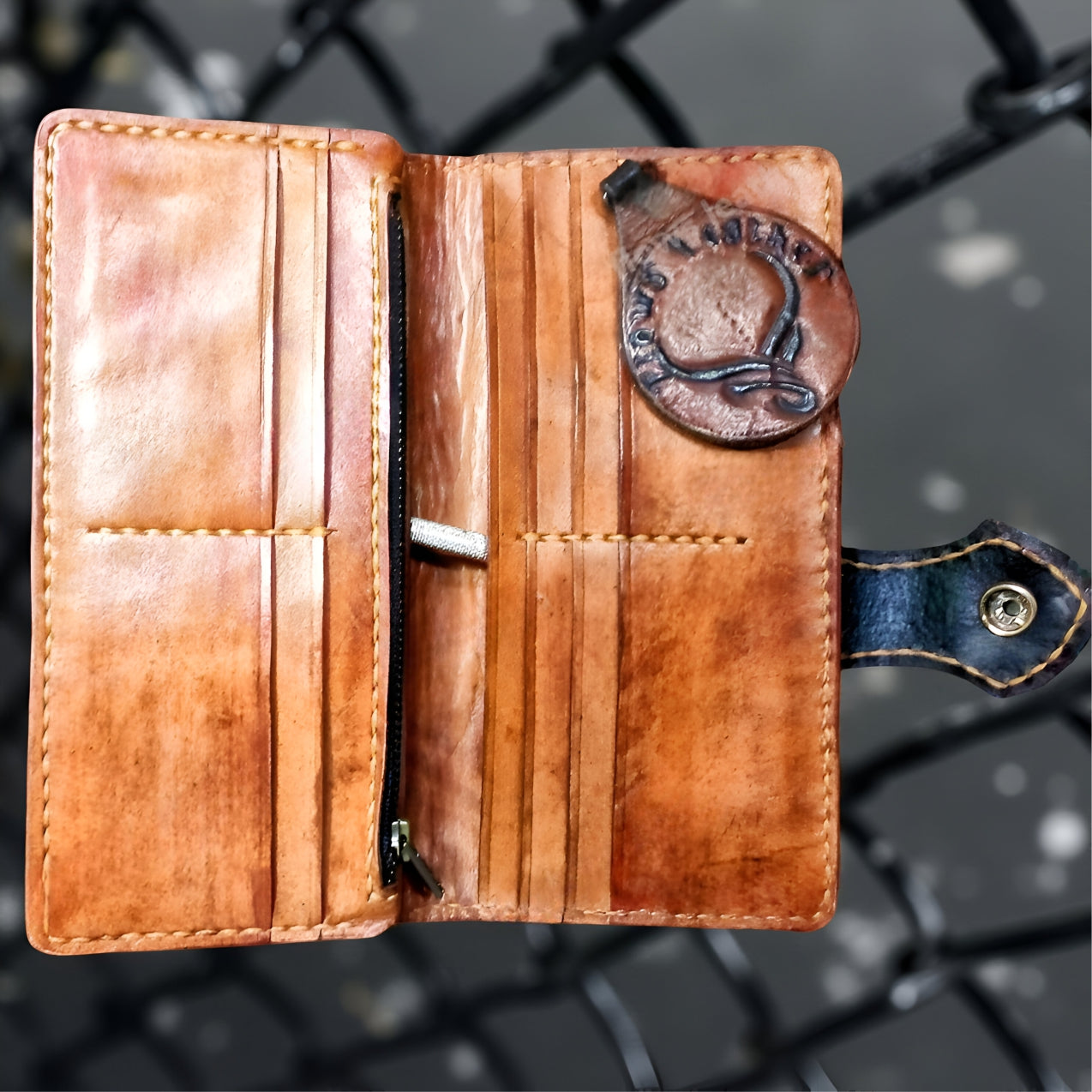 Inside handcrafted leather wallet with bold wild deer carving, genuine cowhide, long mens wallet, front pocket and biker style