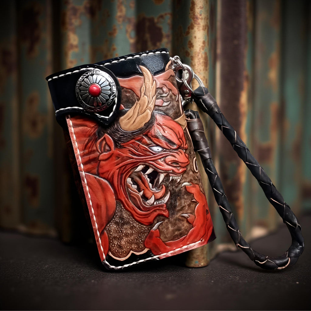 Front Handmade Demonic Wallet, Genuine Leather Wallet, Biker Wallet Oni Japanese Carving Wallet
