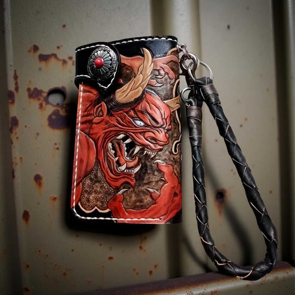 Front Angle Handmade Demonic Wallet, Genuine Leather Wallet, Biker Wallet Oni Japanese Carving Wallet

