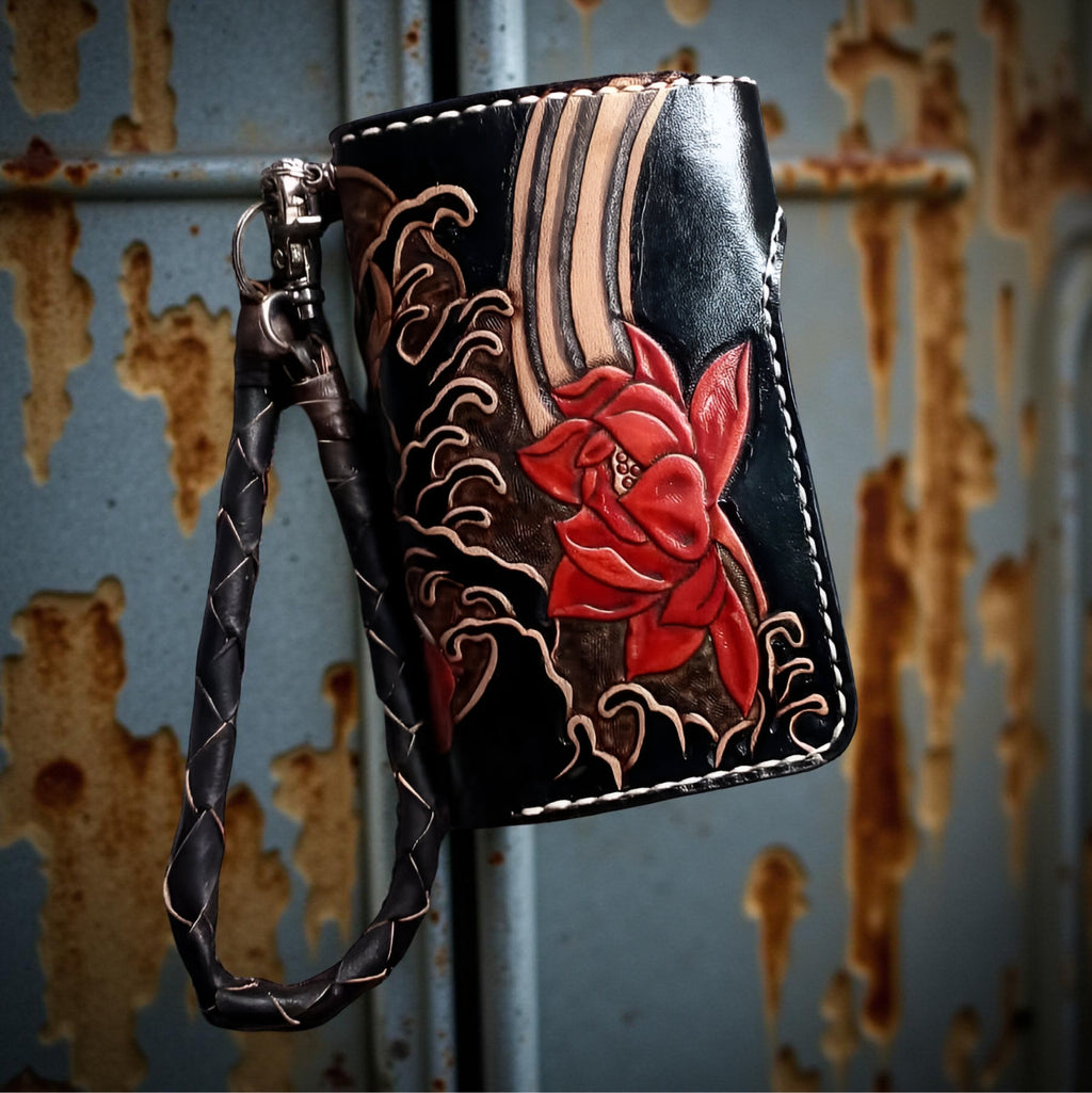 Back Handmade Demonic Wallet, Genuine Leather Wallet, Biker Wallet Oni Japanese Carving Wallet
