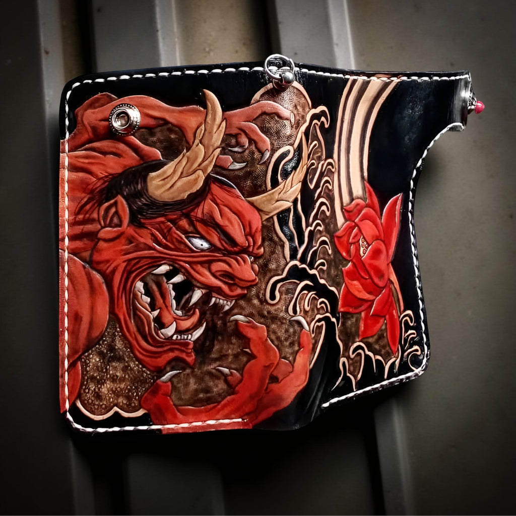 Middle Up Handmade Demonic Wallet, Genuine Leather Wallet, Biker Wallet Oni Japanese Carving Wallet
