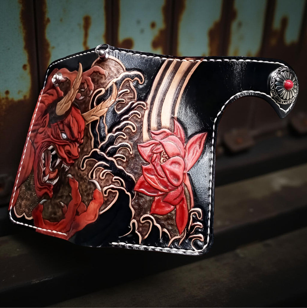 Middle Down Handmade Demonic Wallet, Genuine Leather Wallet, Biker Wallet Oni Japanese Carving Wallet
