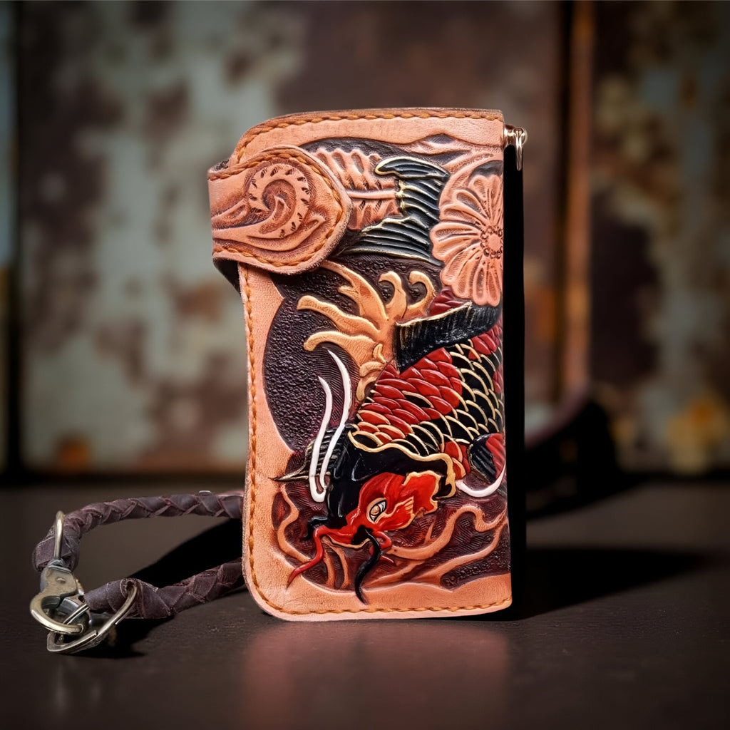 Front Genuine Leather Japanese Fish Carved Wallet, Custom Engraved Tattoo Yakuza Koi Wallet Unisex