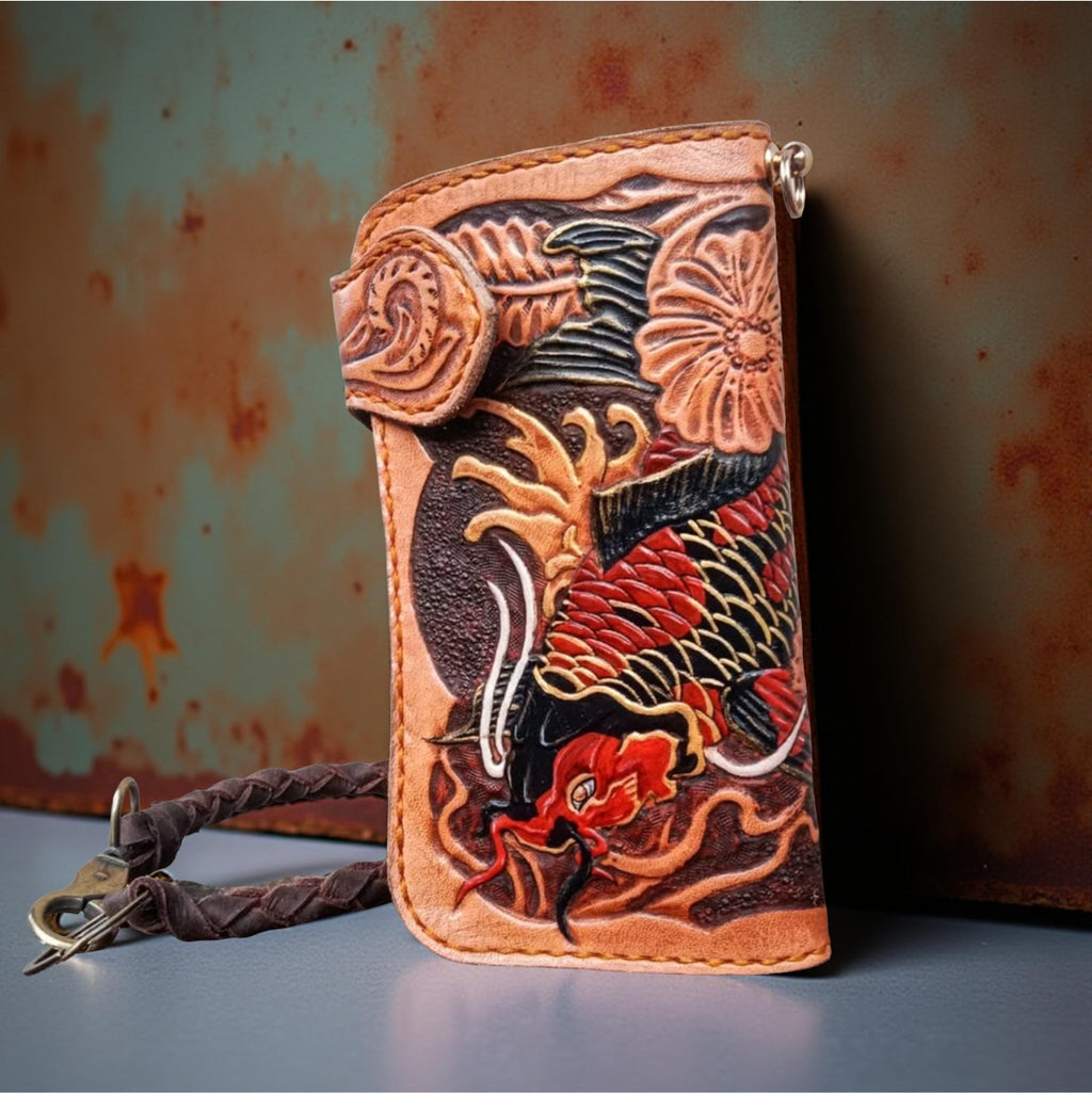 Side Genuine Leather Japanese Fish Carved Wallet, Custom Engraved Tattoo Yakuza Koi Wallet Unisex