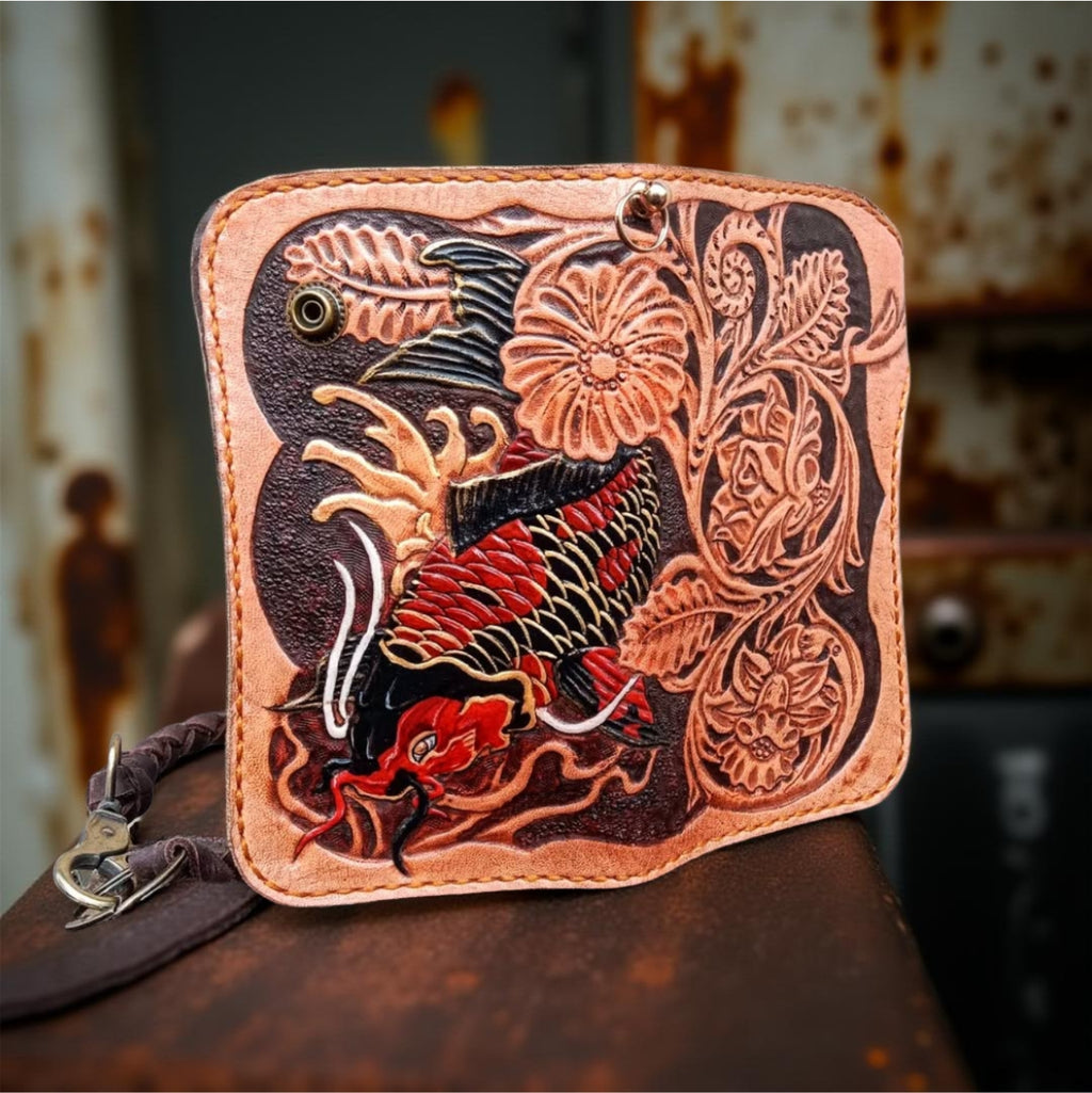 Middle Genuine Leather Japanese Fish Carved Wallet, Custom Engraved Tattoo Yakuza Koi Wallet Unisex