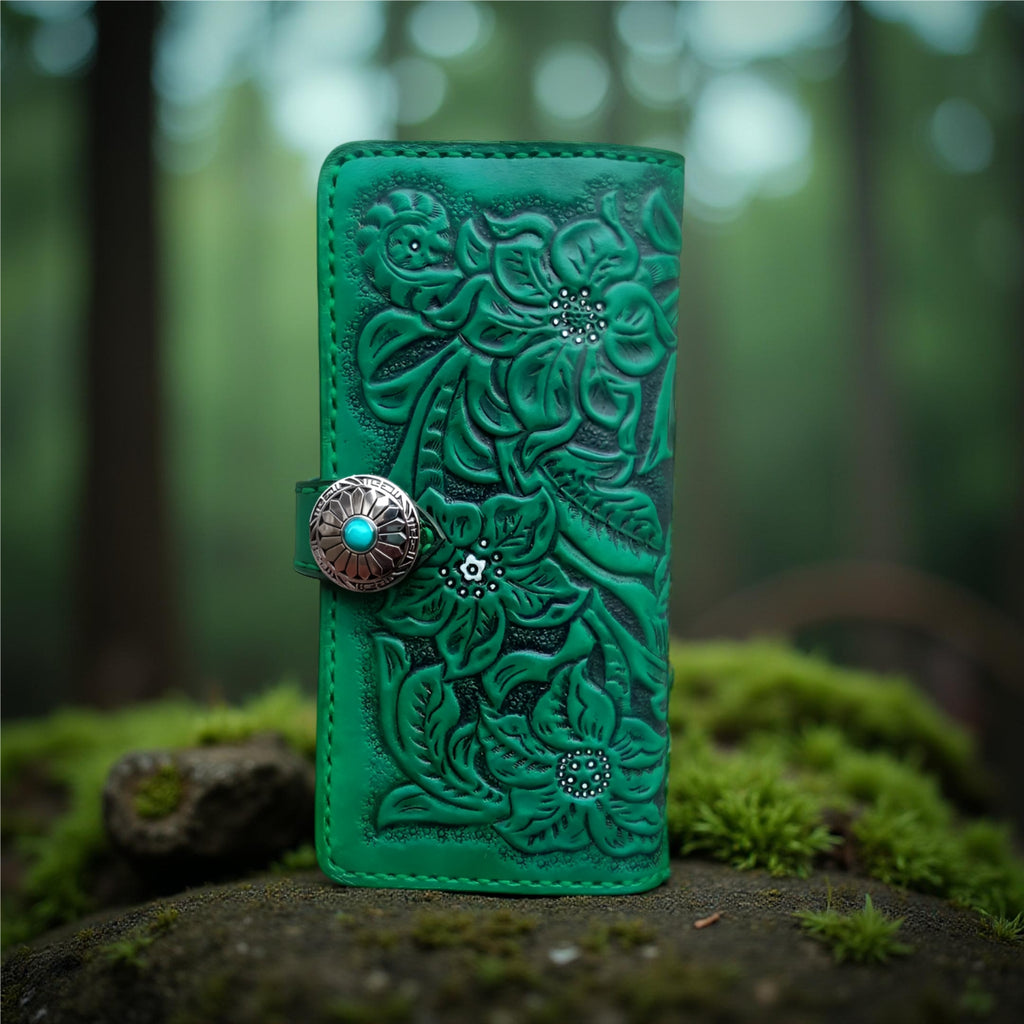 Font Up Green Floral Women’s Handmade Long Wallet, Genuine Leather Hand-Tooled Textured