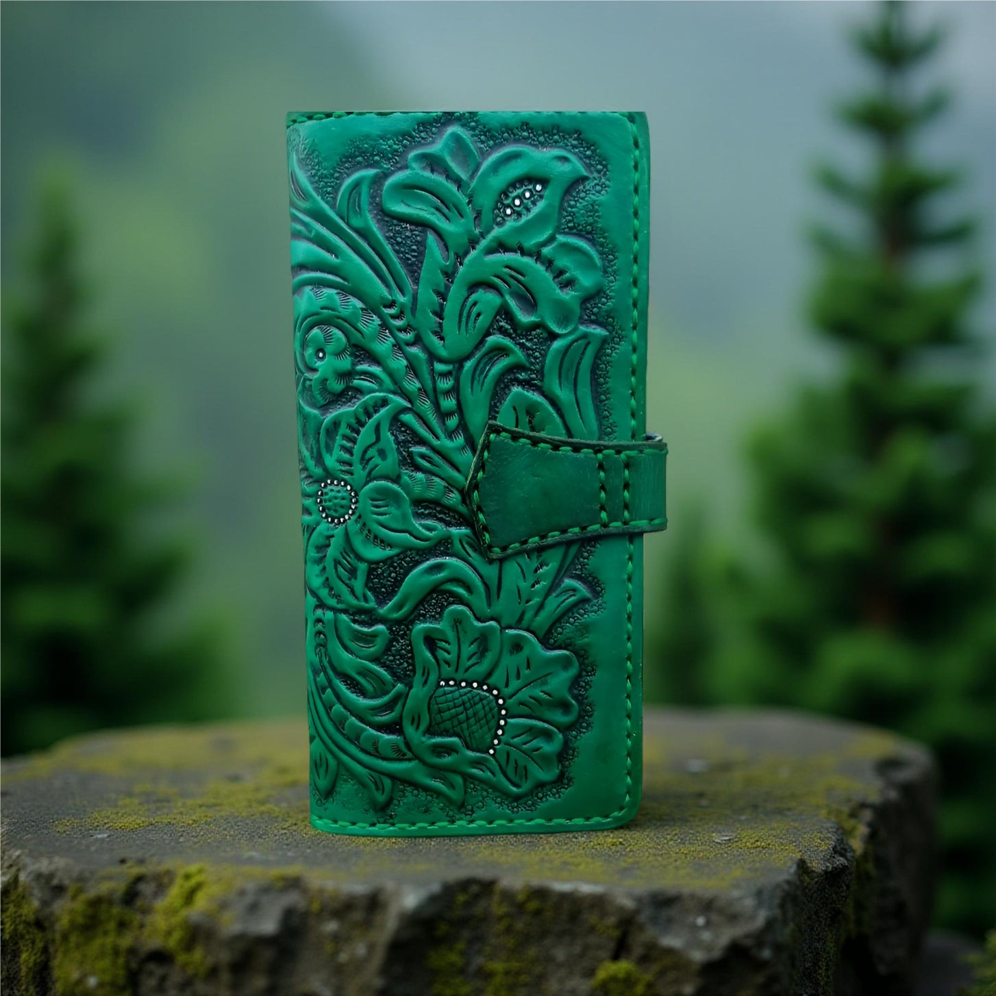 Back Green Floral Women’s Handmade Long Wallet, Genuine Leather Hand-Tooled Textured