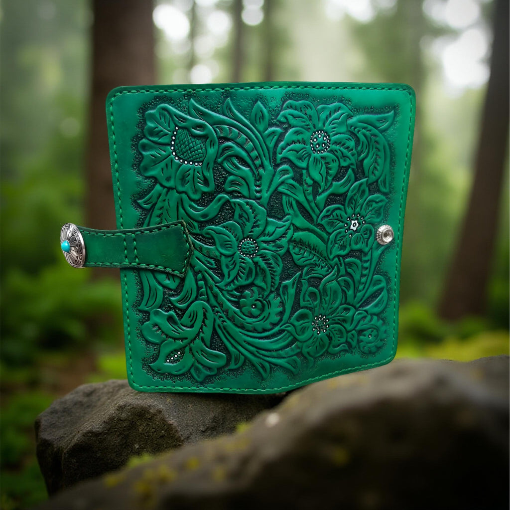 Middle Green Floral Women’s Handmade Long Wallet, Genuine Leather Hand-Tooled Textured
