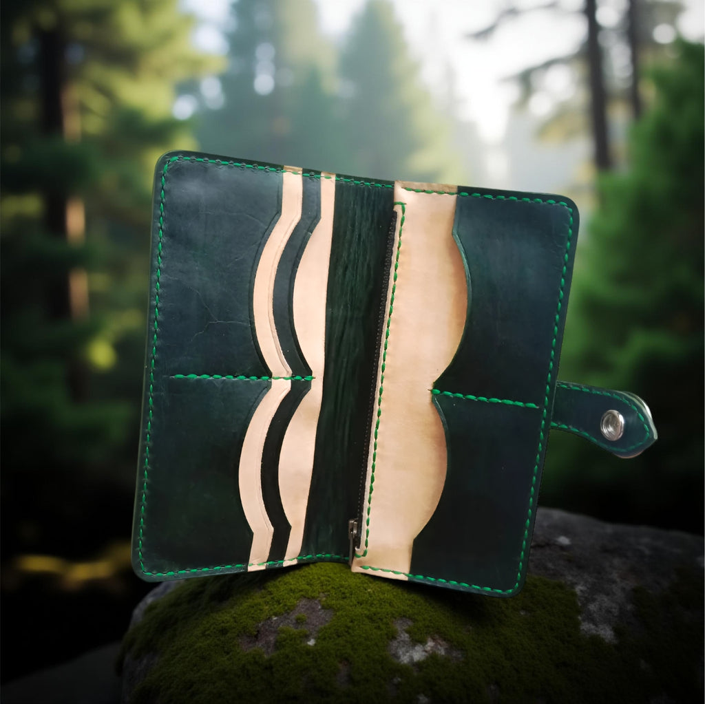 Inside Green Floral Women’s Handmade Long Wallet, Genuine Leather Hand-Tooled Textured