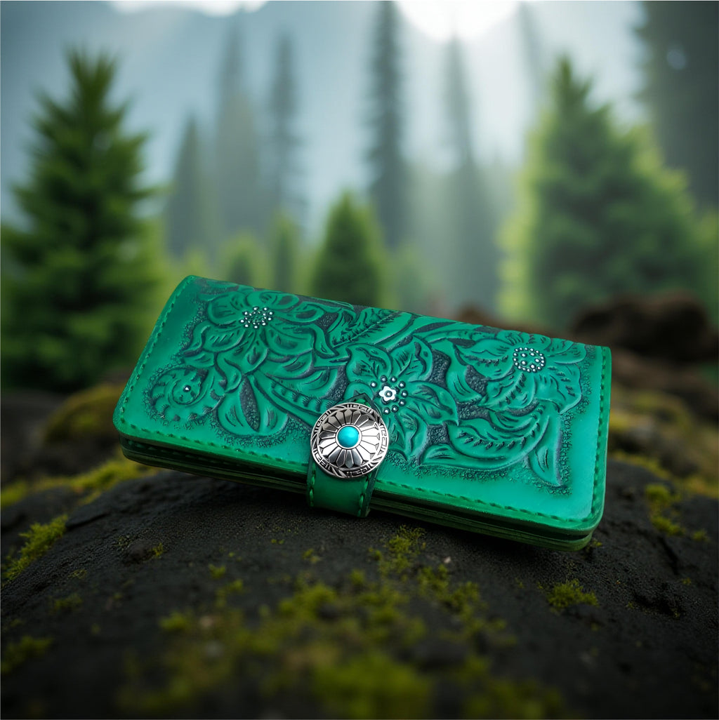 Font Green Floral Women’s Handmade Long Wallet, Genuine Leather Hand-Tooled Textured