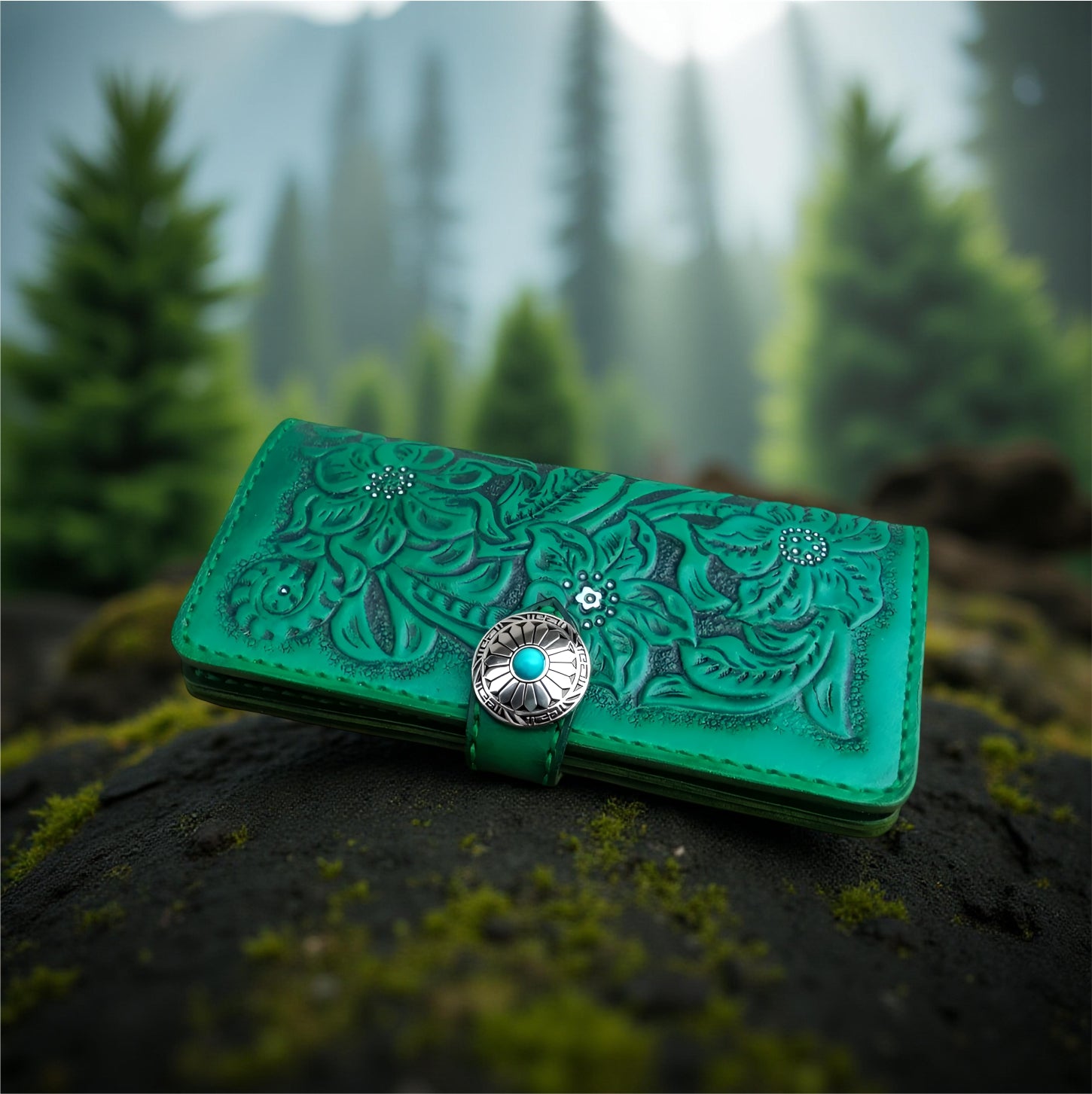 Font Green Floral Women’s Handmade Long Wallet, Genuine Leather Hand-Tooled Textured