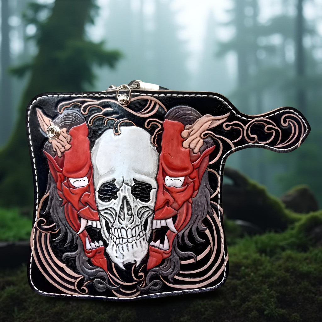 Front Handmade Hannya Demon and Skull Wallet, Biker Japanese Long Wallet, Hand Carved Oni Wallet Leather