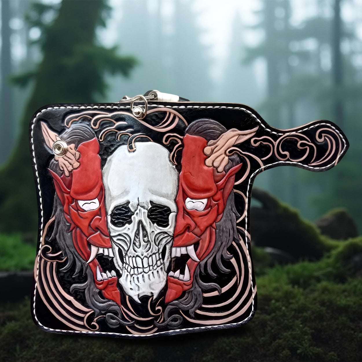 Front Handmade Hannya Demon and Skull Wallet, Biker Japanese Long Wallet, Hand Carved Oni Wallet Leather