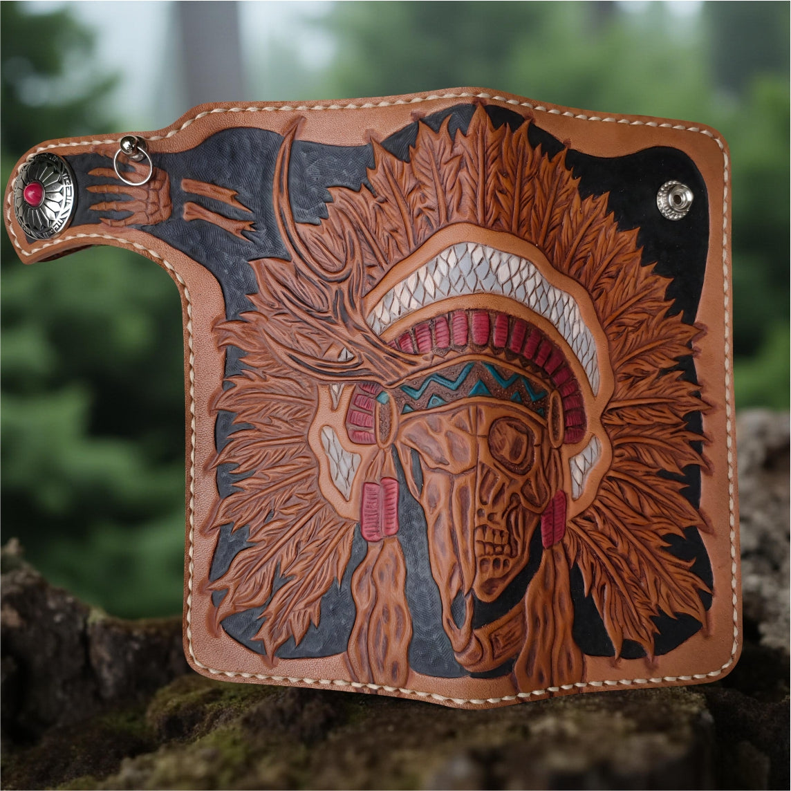 Front Handmade Indiana Skull Wallet, Genuine Leather Wallet, Biker Wallet Tribal Native American Carving Wallet