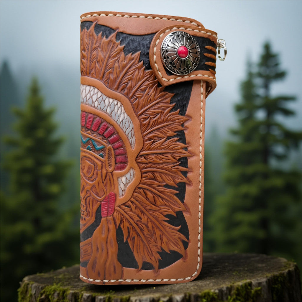 Front Side Handmade Indiana Skull Wallet, Genuine Leather Wallet, Biker Wallet Tribal Native American Carving Wallet