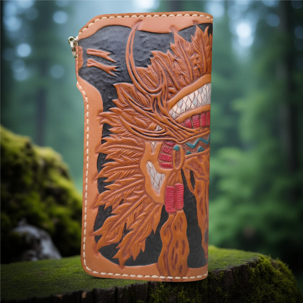 Back Handmade Indiana Skull Wallet, Genuine Leather Wallet, Biker Wallet Tribal Native American Carving Wallet