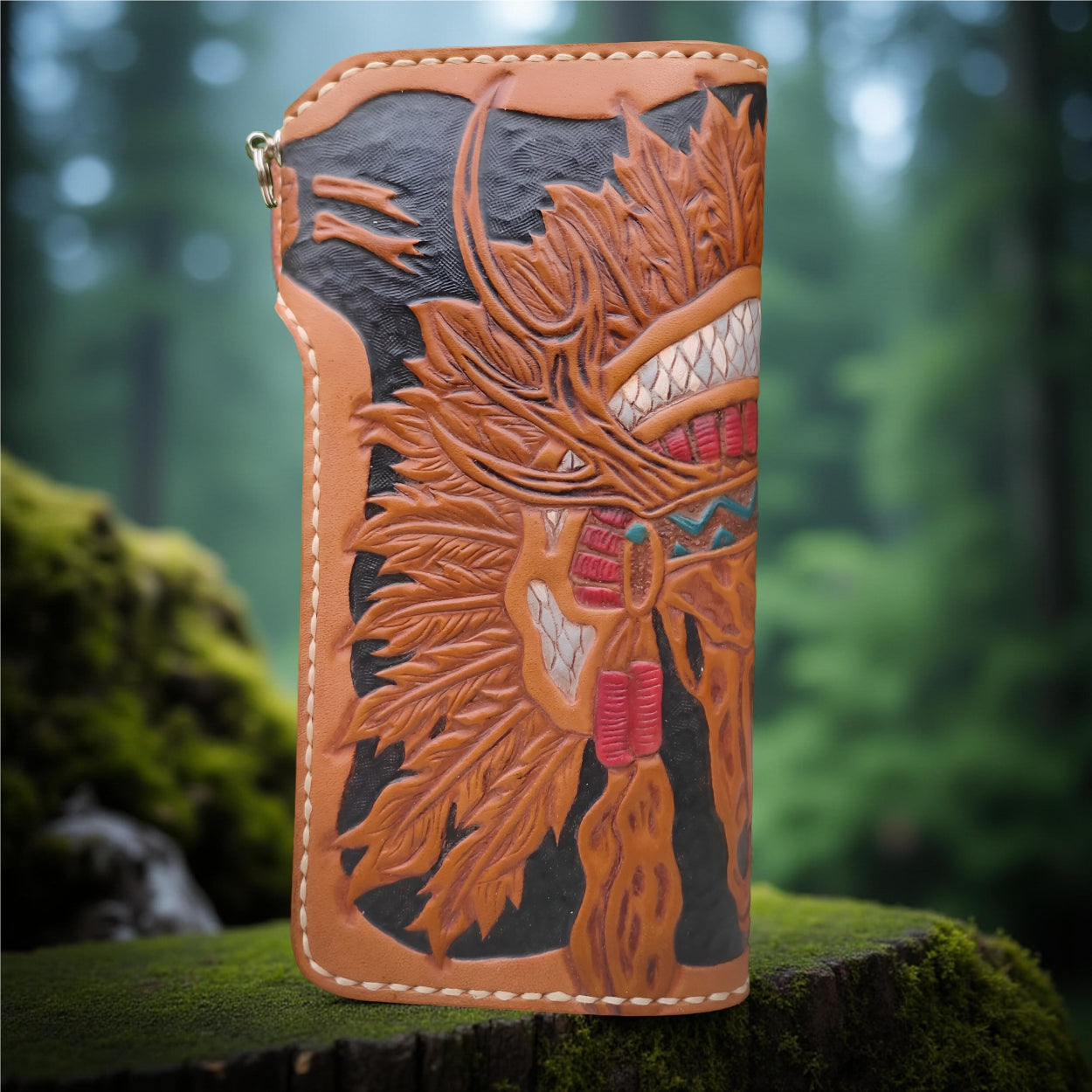 Back Handmade Indiana Skull Wallet, Genuine Leather Wallet, Biker Wallet Tribal Native American Carving Wallet