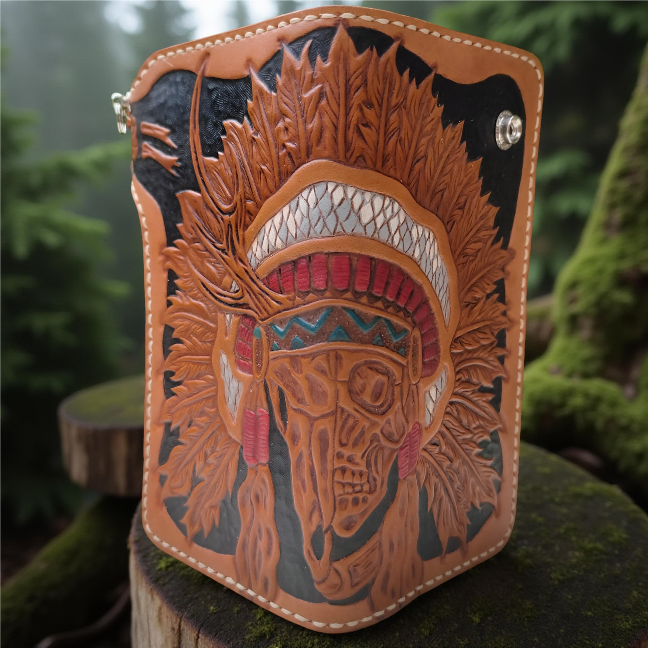 Upside Handmade Indiana Skull Wallet, Genuine Leather Wallet, Biker Wallet Tribal Native American Carving Wallet