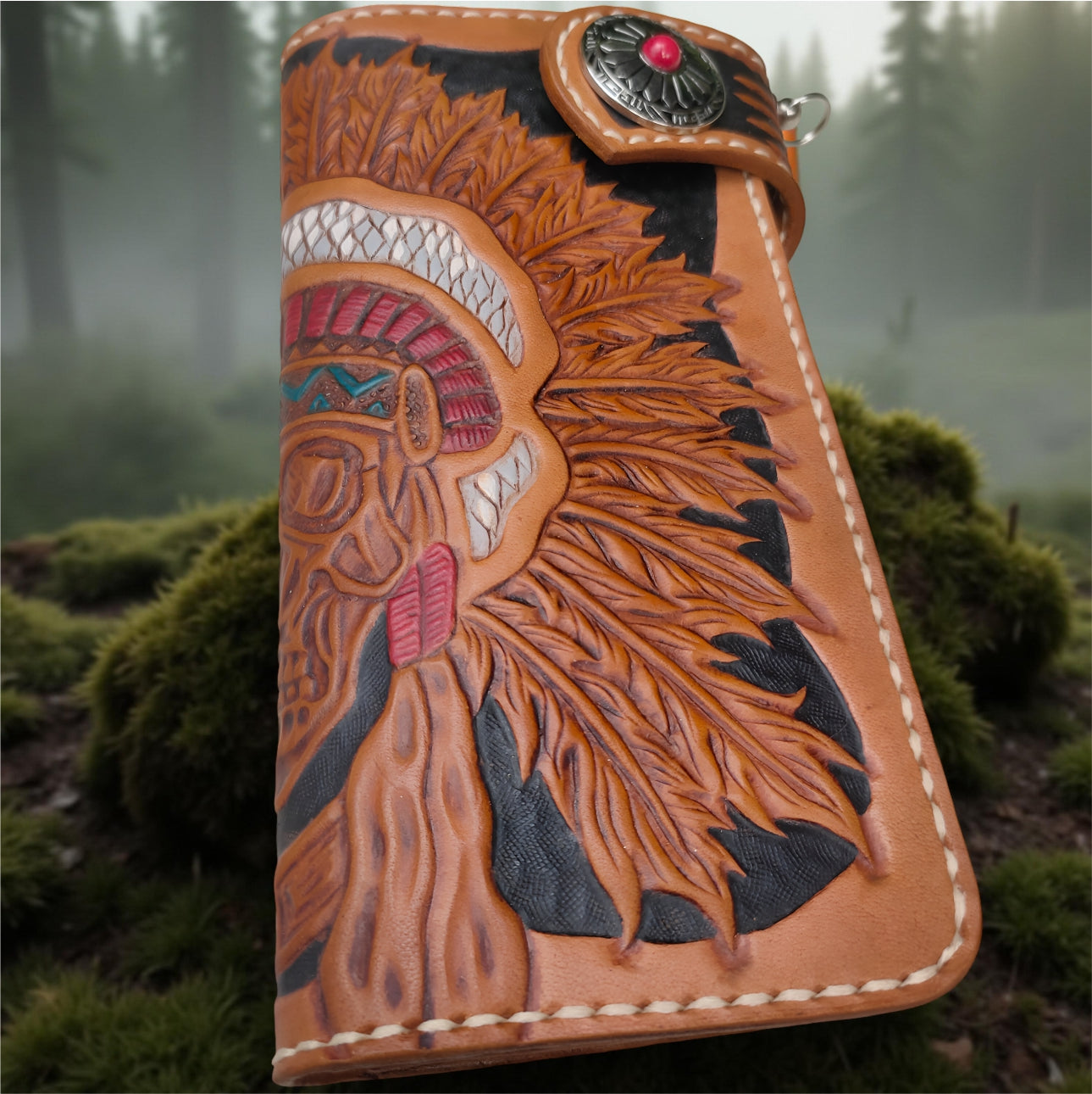 Downside Handmade Indiana Skull Wallet, Genuine Leather Wallet, Biker Wallet Tribal Native American Carving Wallet