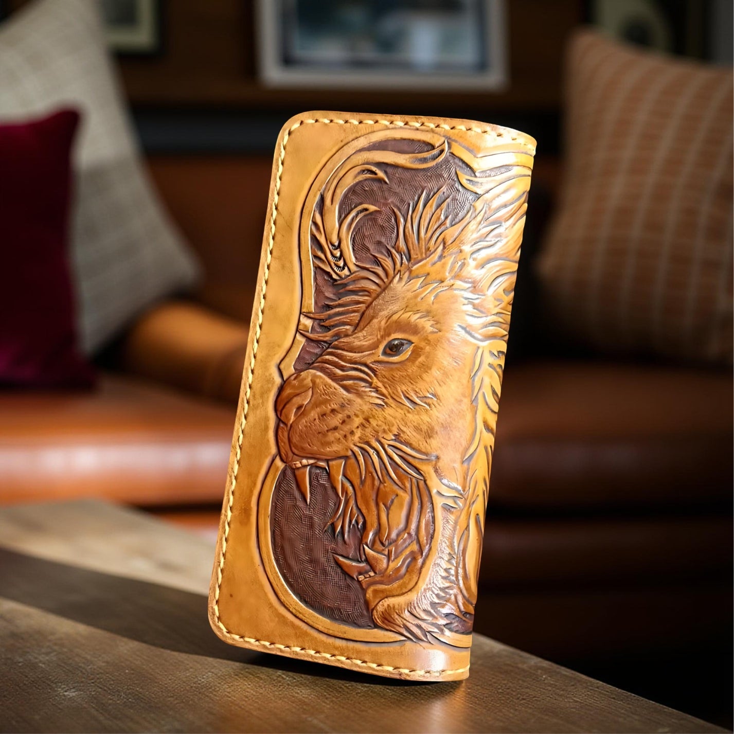 Mythical Lion Carving Leather Long Wallet (Made to Order ±14 Days)