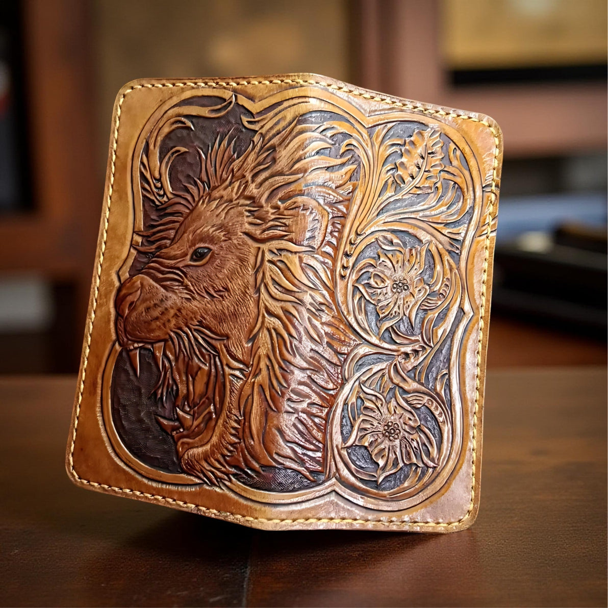 Mythical Lion Carving Leather Long Wallet (Made to Order ±14 Days)