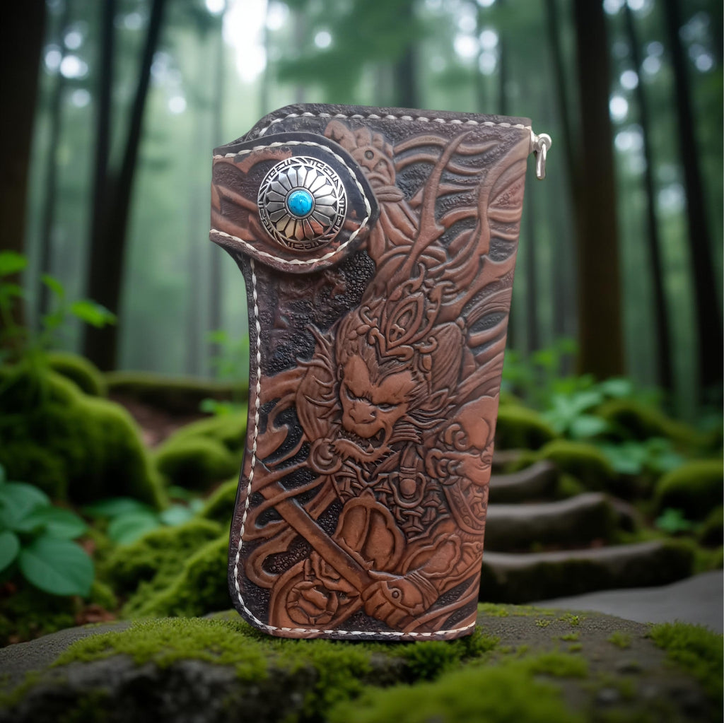 Front premium men’s leather long wallet with Chinese mythology inspired hand carved design