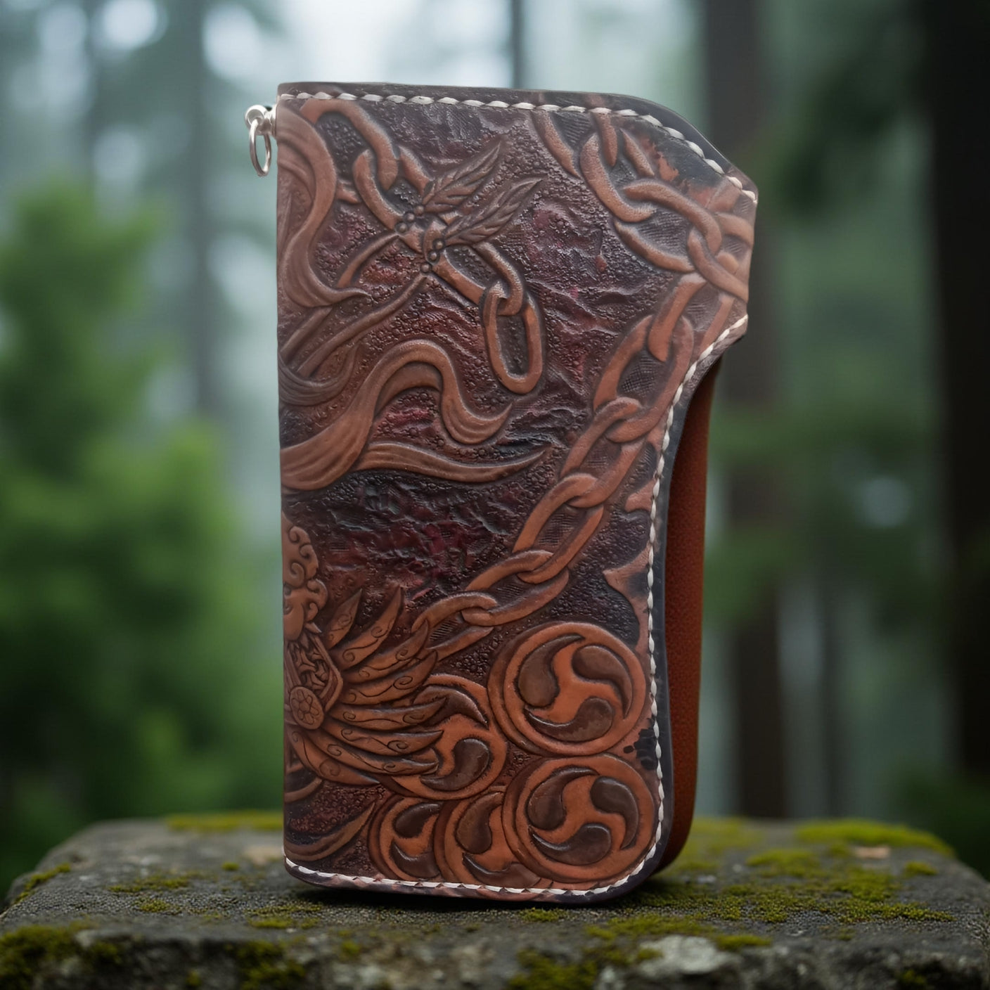 Back premium men’s leather long wallet with Chinese mythology inspired hand carved design