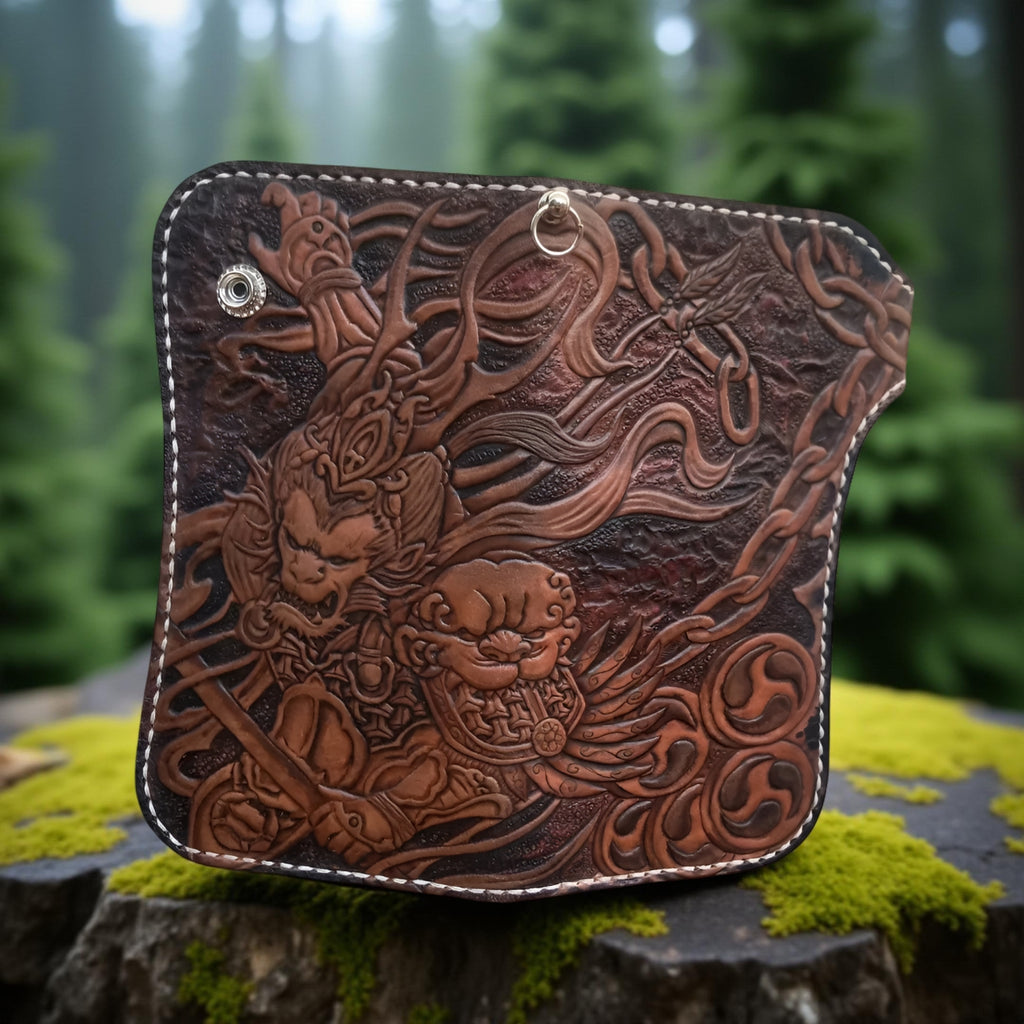 Middle premium men’s leather long wallet with Chinese mythology inspired hand carved design