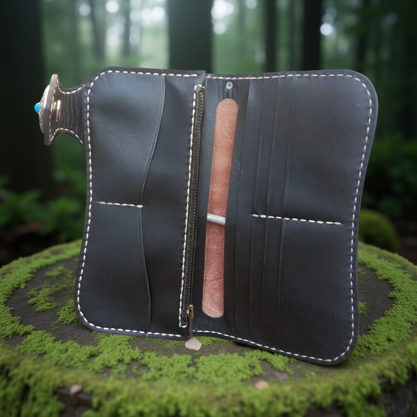 Inside premium men’s leather long wallet with Chinese mythology inspired hand carved design