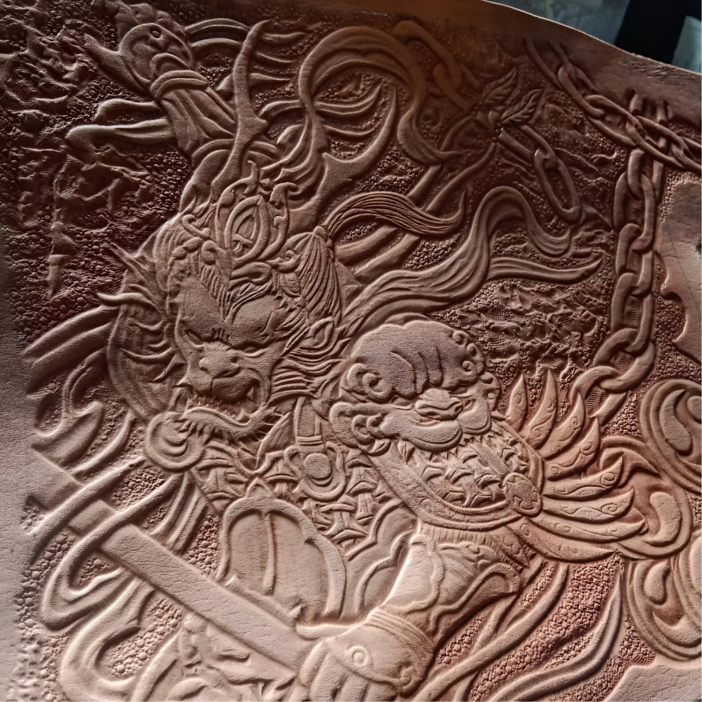 Process 1 premium men’s leather long wallet with Chinese mythology inspired hand carved design