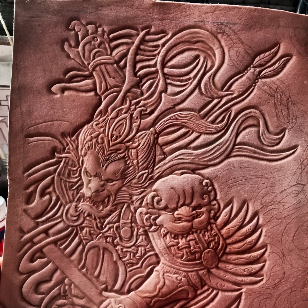 Process carving premium men’s leather long wallet with Chinese mythology inspired hand carved design
