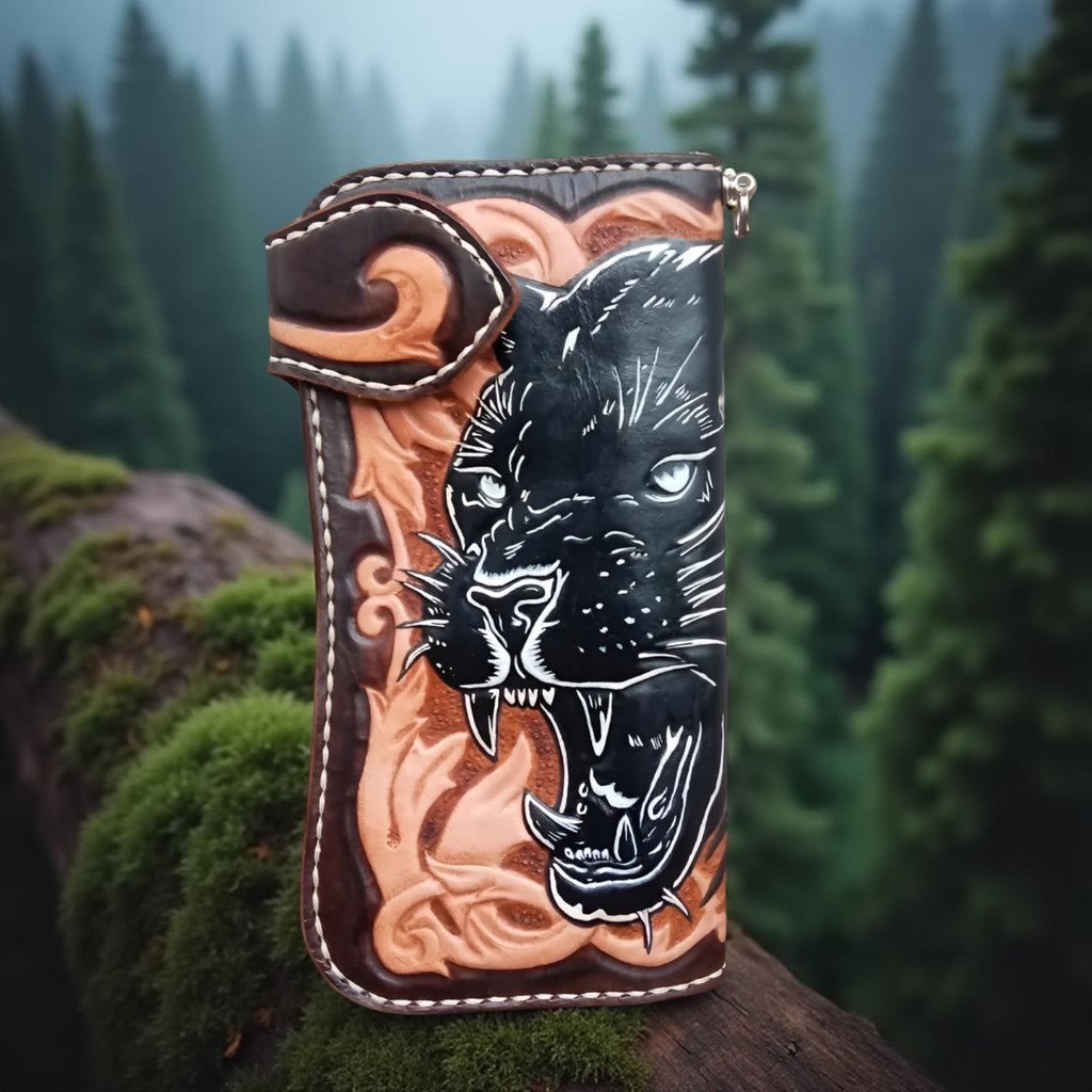 Front Leather wallet, Panther wallet, Hand tooled leather wallet, men’s wallet, Custom wallet, Hand carved wallet, Gift wallet, Handmade wallet