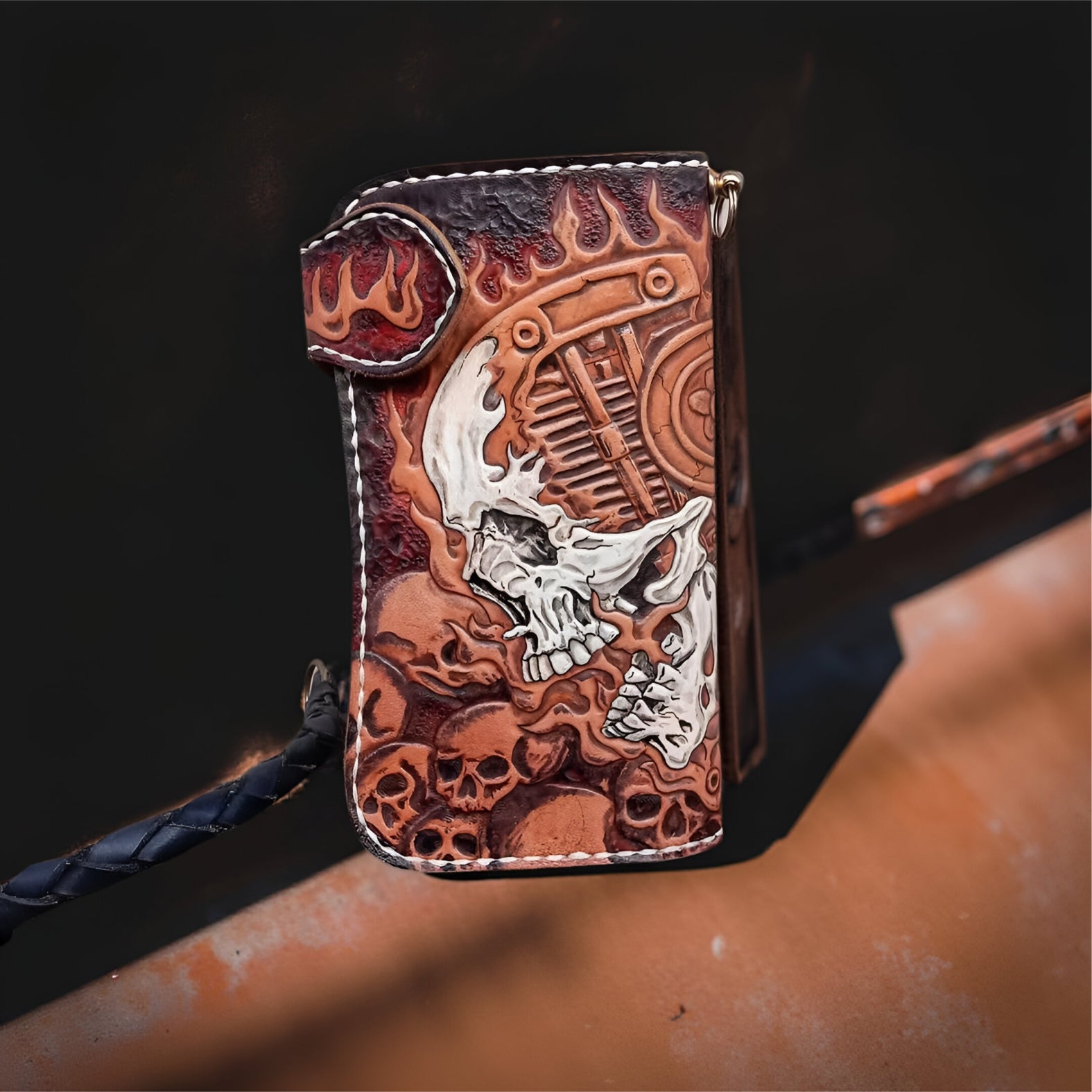 Front Genuine Leather Hand Carved Wallet Skull Motorbike, Men's Leather Wallet