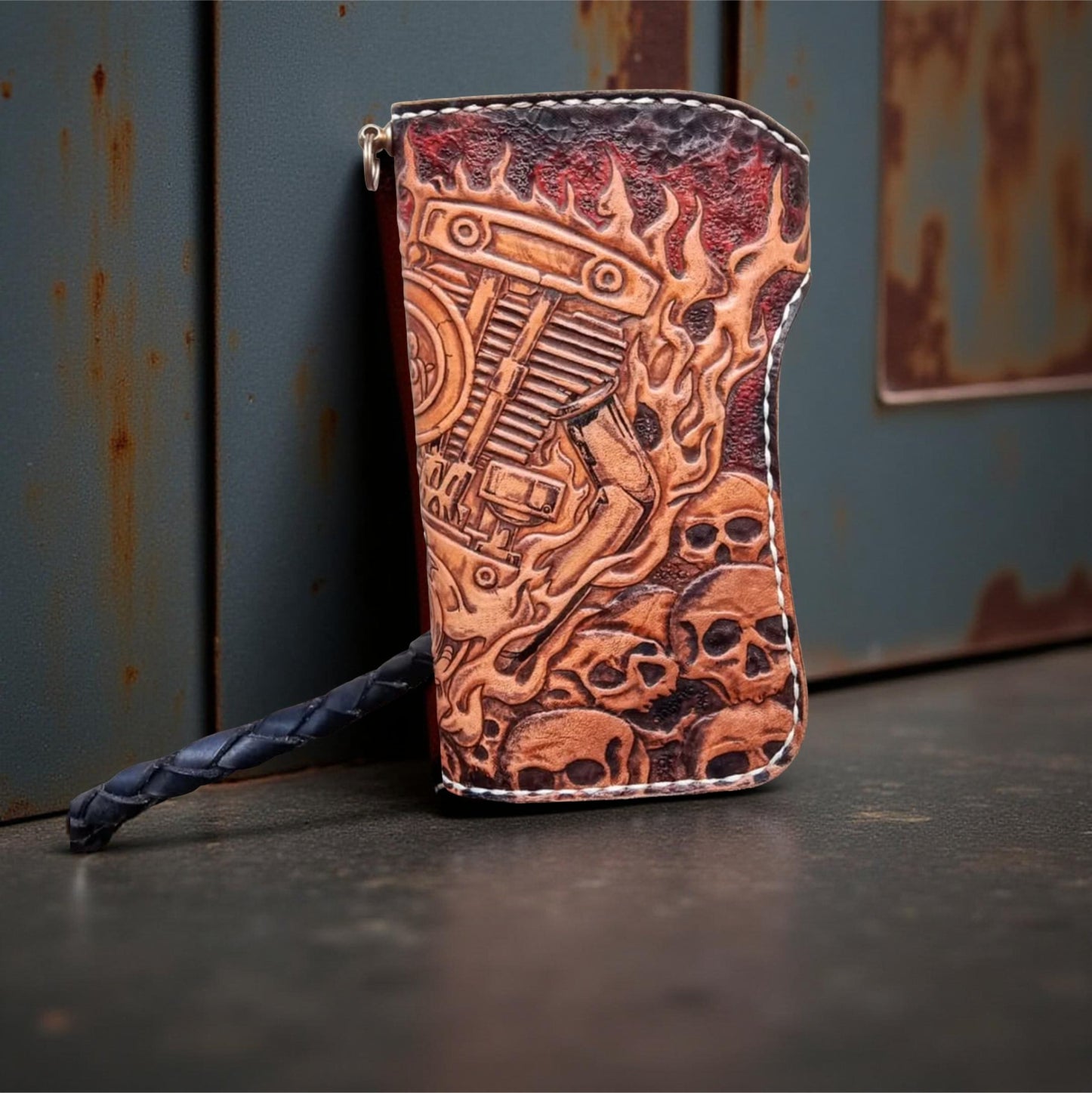 Back Genuine Leather Hand Carved Wallet Skull Motorbike, Men's Leather Wallet