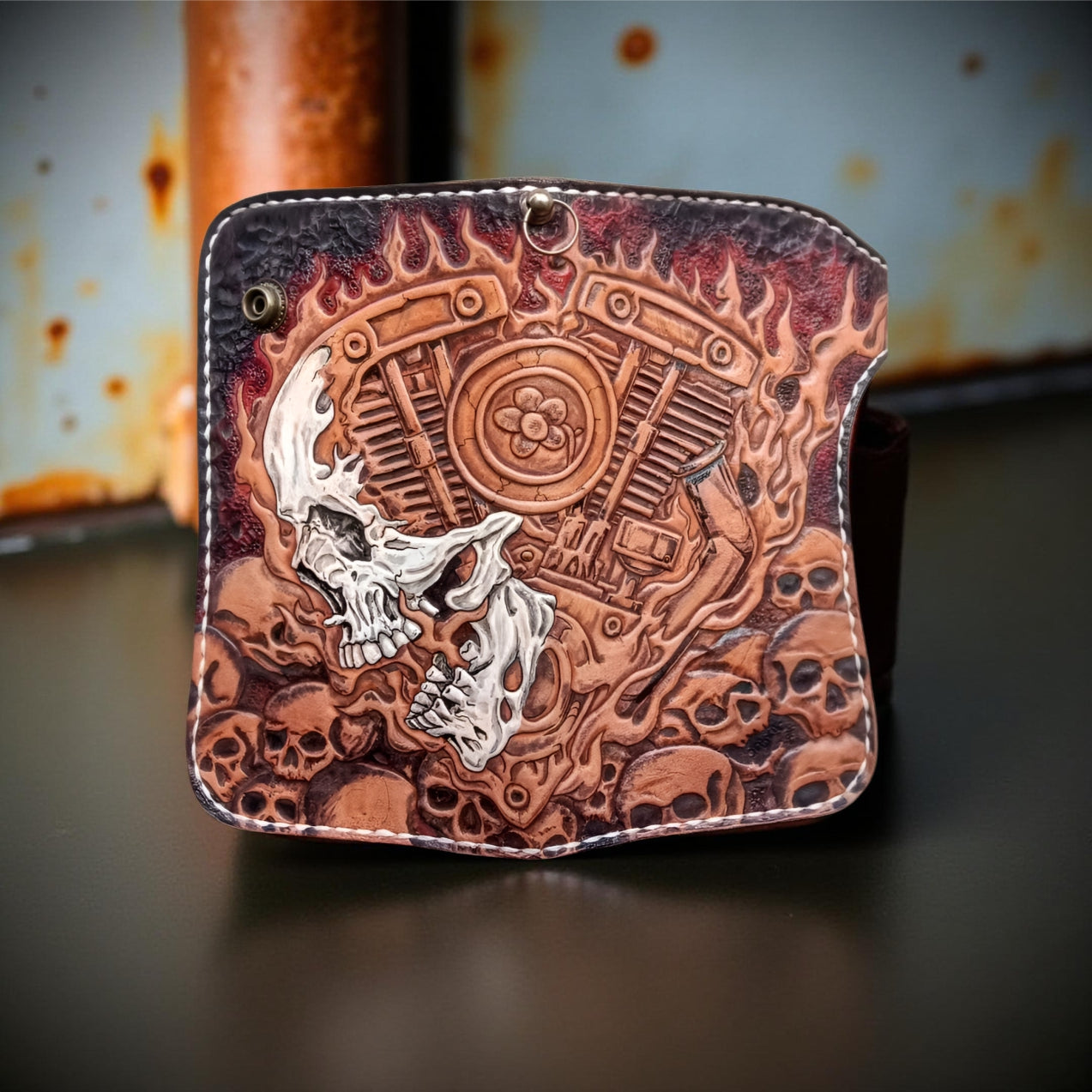 Middle Genuine Leather Hand Carved Wallet Skull Motorbike, Men's Leather Wallet