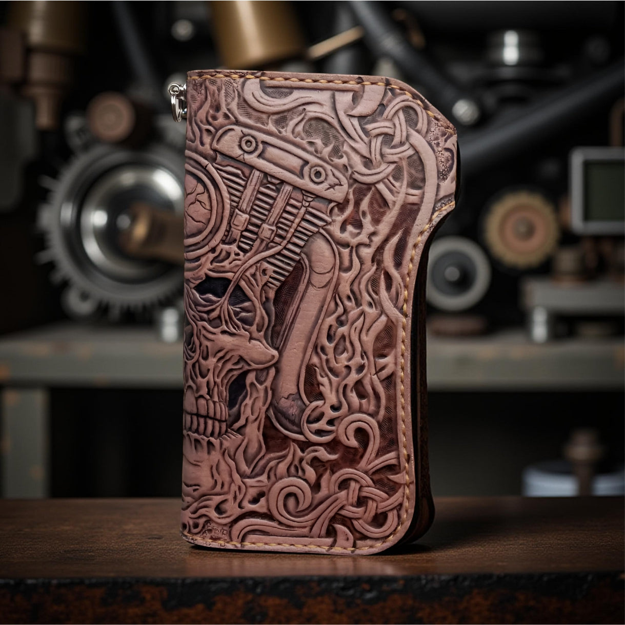 Side Handmade Tooled Leather Biker Wallet: Skull & Motorcycle Carving