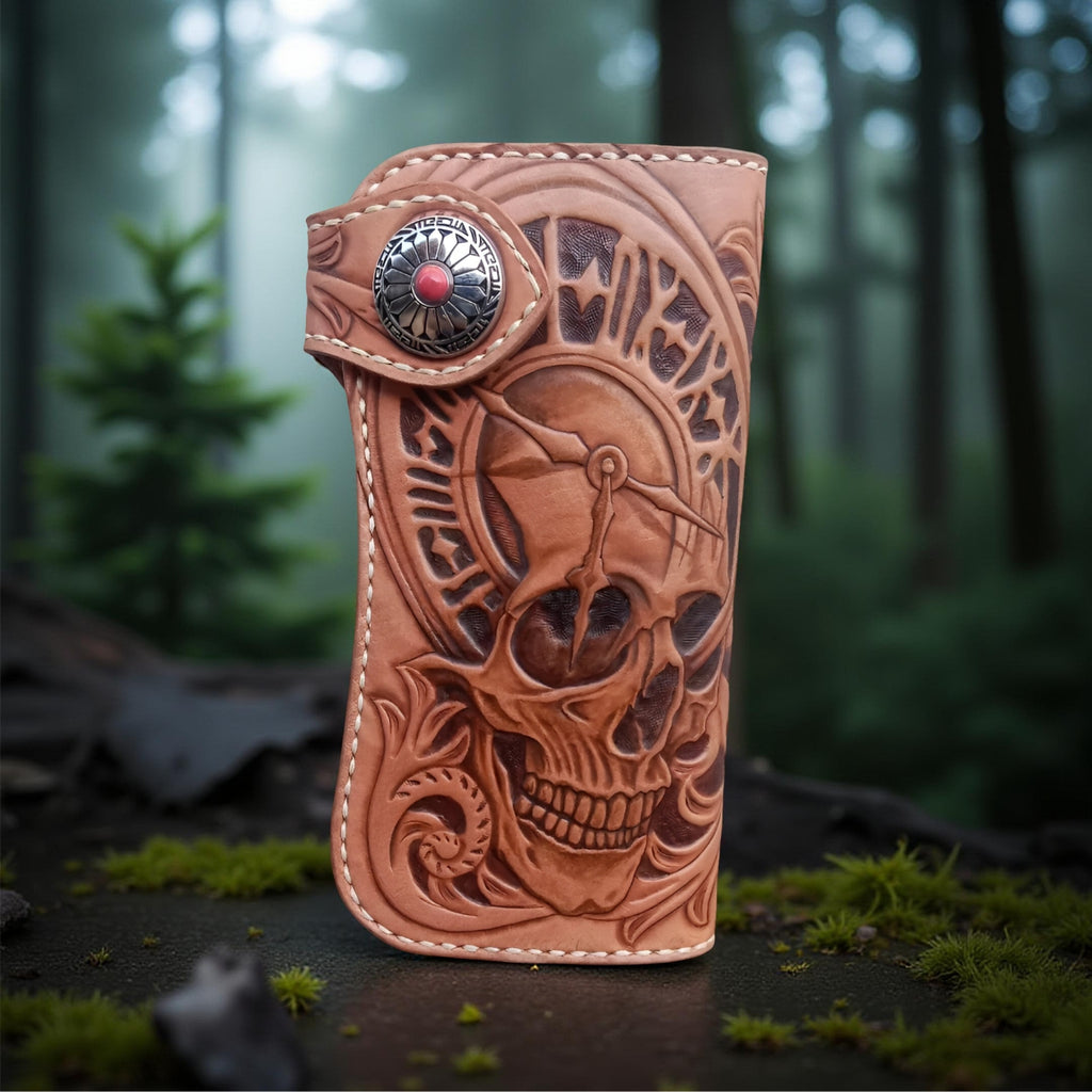 Front Hand Carved Leather Wallet – Skull Floral Tooled Long Leather Wallet