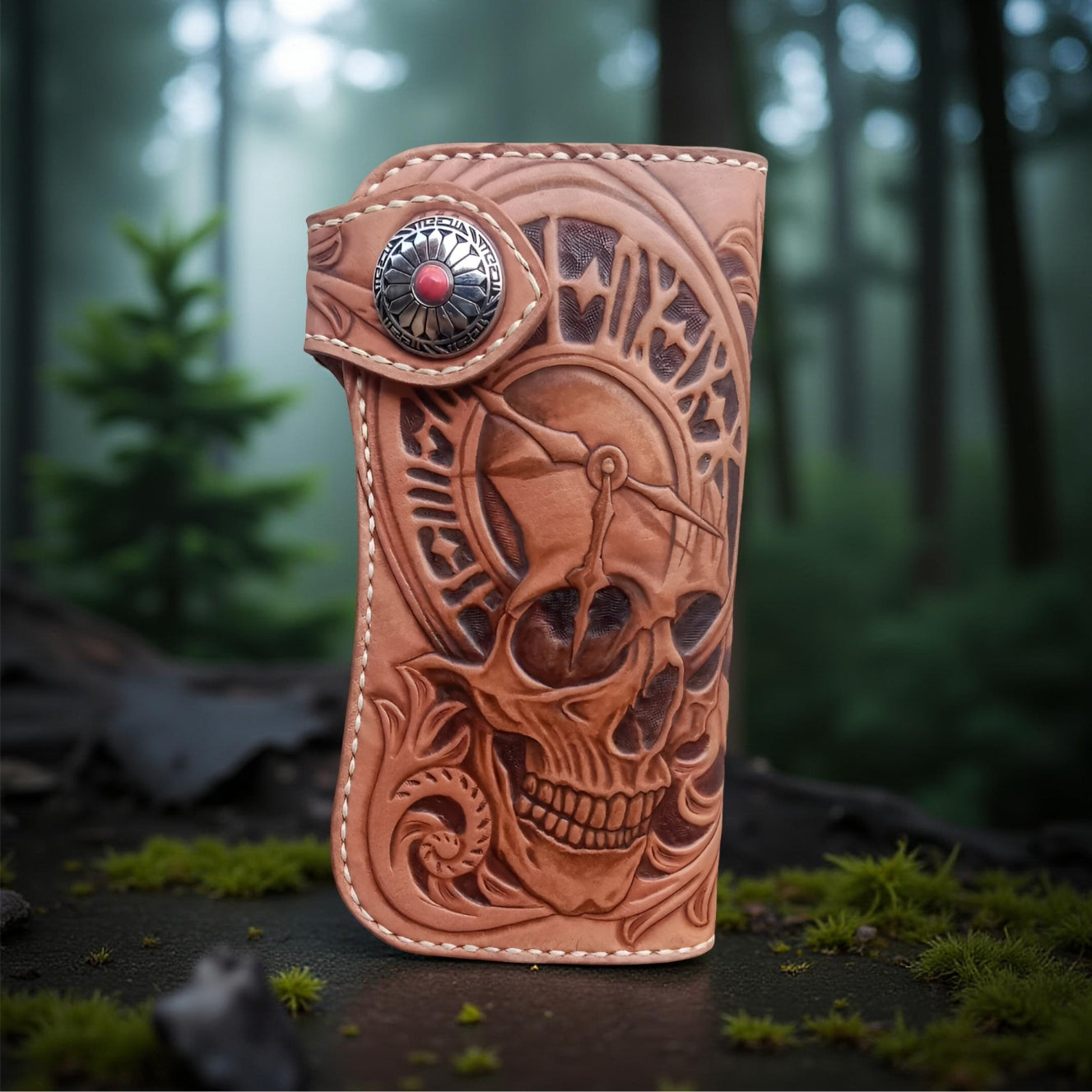 Front Hand Carved Leather Wallet – Skull Floral Tooled Long Leather Wallet