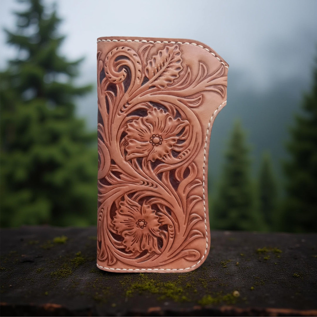 Back Hand Carved Leather Wallet – Skull Floral Tooled Long Leather Wallet