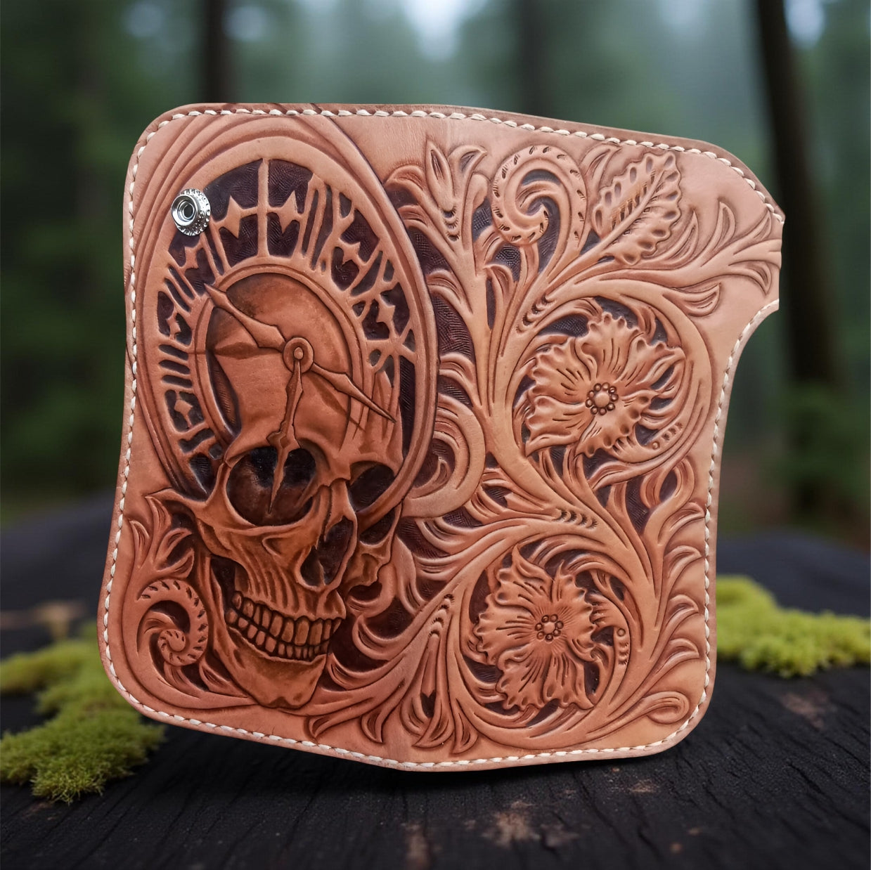 Middle Hand Carved Leather Wallet – Skull Floral Tooled Long Leather Wallet