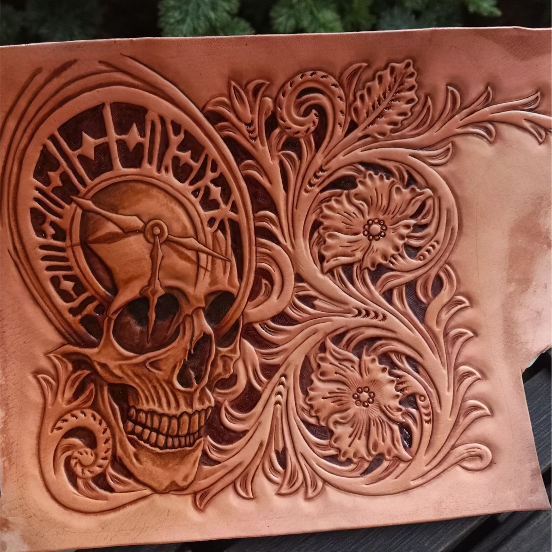 Process Hand Carved Leather Wallet – Skull Floral Tooled Long Leather Wallet