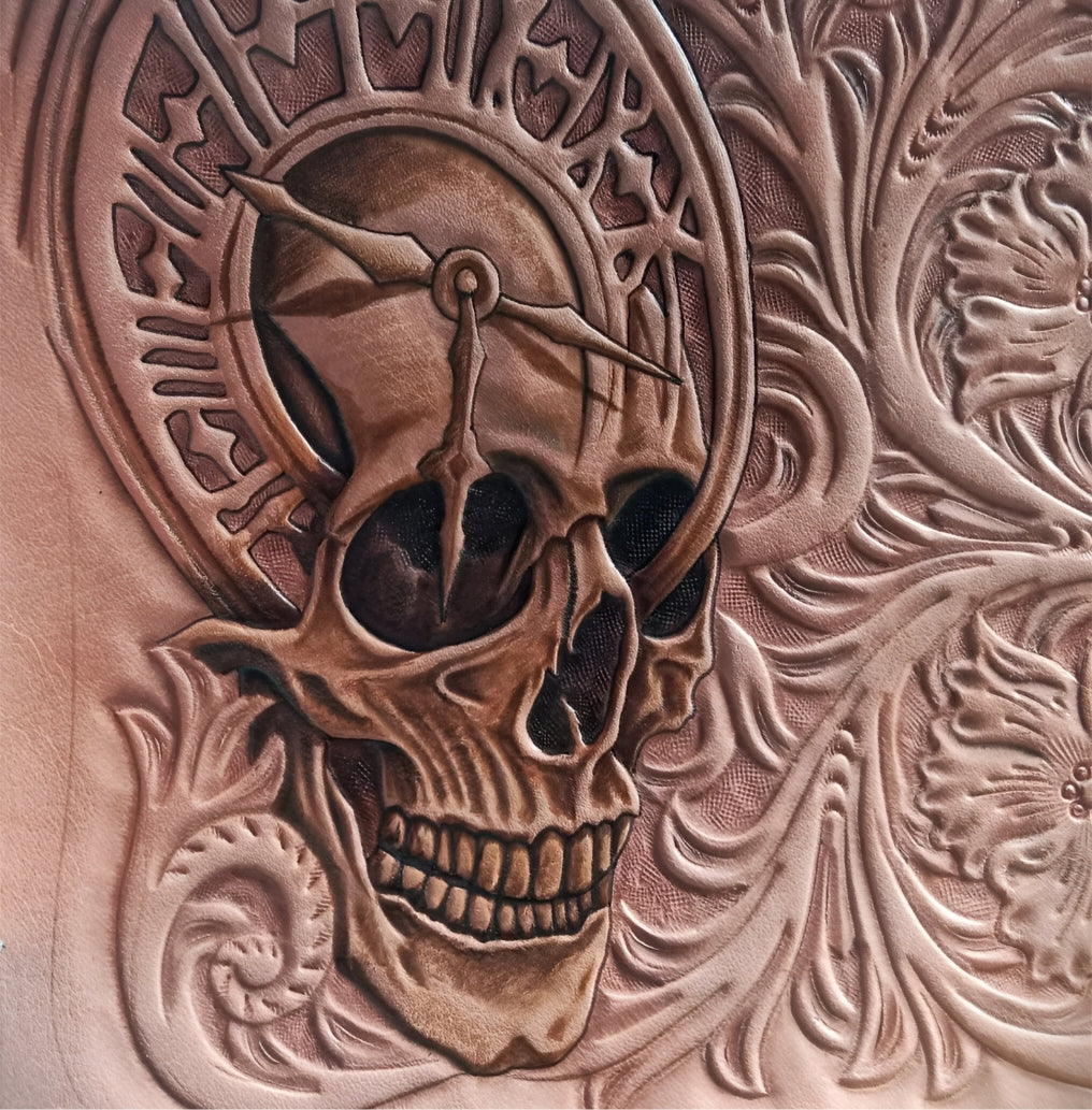 Detailed Hand Carved Leather Wallet – Skull Floral Tooled Long Leather Wallet