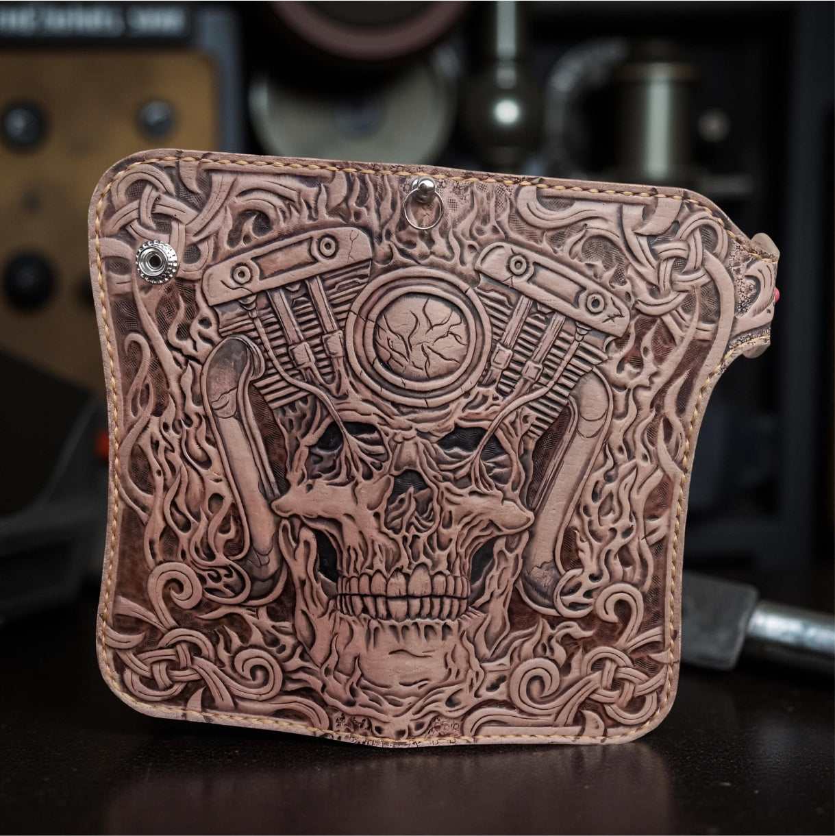 Front Handmade Tooled Leather Biker Wallet: Skull & Motorcycle Carving