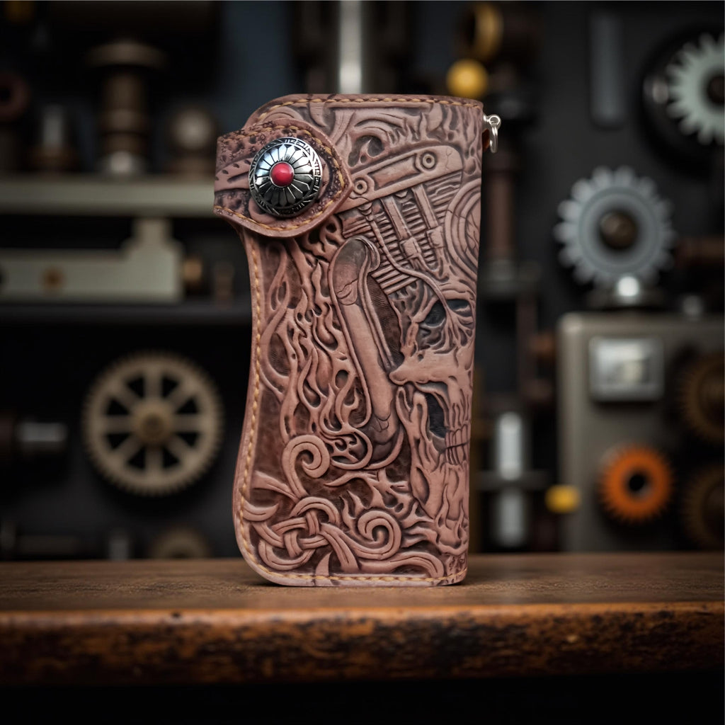 Front View Handmade Tooled Leather Biker Wallet: Skull & Motorcycle Carving
