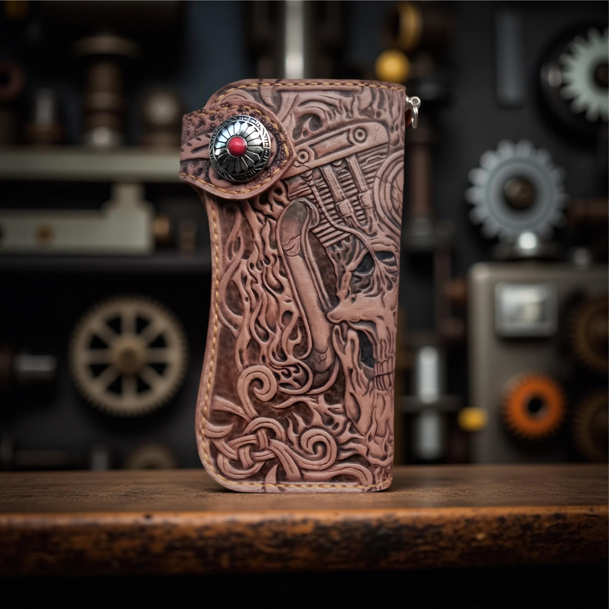 Front View Handmade Tooled Leather Biker Wallet: Skull & Motorcycle Carving